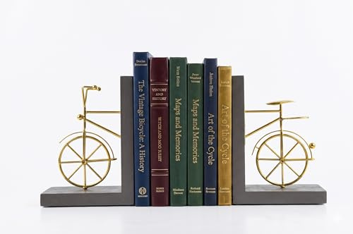 Spiretro Fahrrad-Buchstützen, dekorative Buchstützen mit Rutschfester Rückseite, Holz-Metall-Buchständer für Bücherregal, Schreibtisch, 1 Paar, Goldbraun