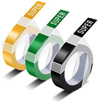 3 pack Kompatibel mit Prägeband, 9 mm, Omega Etikettenband, geprägte 3D Etiketten, Grün, Schwarz, Gelb für Omega S0717930 Junior S0717900 Motex Prägeetikettenmacher