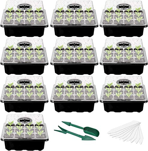 WY8 10 Pack Seed Trays Starter Kit, 120 Cells Reusable Greenhouse Seedling Starter Tray with Dome and Deep Base, Herb Garden Plant Humidity Adjustable Grow Kit Garden