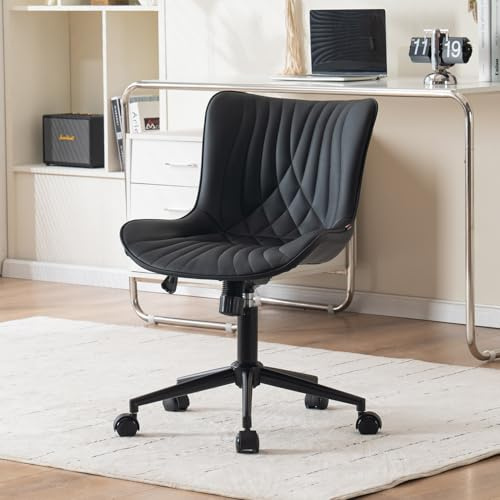 YOUTASTE Bürostuhl ohne armlehne, Drehstuhl mit Rollen Schreibtischstuhl | Ergonomisch & Höhenverstellbar, Bürostuhl Leder im Fischschwanz-Design, Stuhl für Arbeitszimmer, Schlafzimmer, Schwarz, 150KG