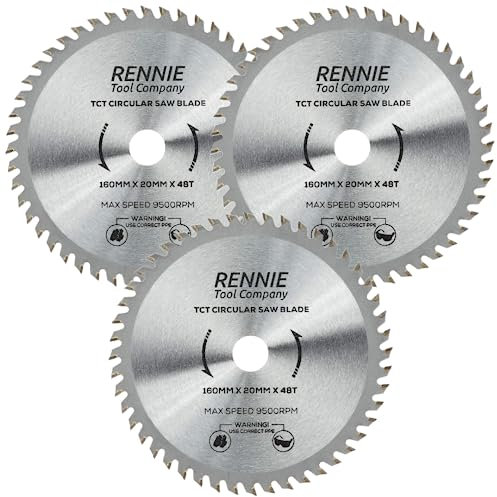 Rennie Tools Kreissägeblatt, 160 mm x 20 mm, 48 Zähne, TCT Kreissägeblatt, 3 Stück Passend für Bosch Festool TS55 Makita Ryobi Dewalt Kreissägen etc., 160 mm Kreissägeblatt, auch passend für 165 mm