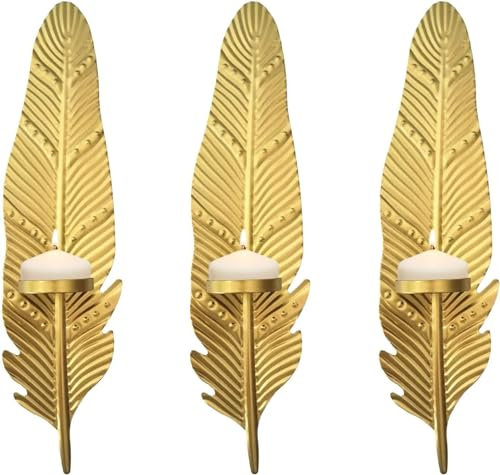 TentHome 3 Stück Kerzenhalter Wand Modern Wandkerzenhalter Metall Gold Blatt Form Wandleuchte hängender dekorativer Kerzenständer (#1)