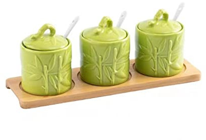 Dispensador azucarero,bote condimento, Azucarero chino con tapa, tarro de almacenamiento de hojas de bambú en relieve, salero de porcelana verde de 200 ml/7 oz, for cafetería, restaurante-verde -3 jue
