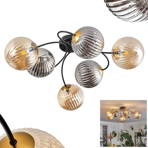 HOFSTEIN Deckenleuchte Chehalis, Deckenlampe aus Metall/Glas in Schwarz/Gold/Bernstein/Rauch in Riffel-Optik, Leuchte im Retro/Vintage-Design mit Schirmen aus Glas (Ø 15 cm), 6 x G9 LED