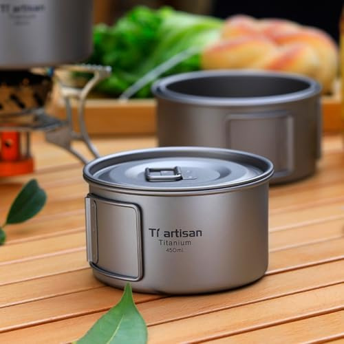 Titan-Schüssel, Camping-Kochgeschirr, Outdoor, leicht, Reise-Kochbecher, Küchenschüssel-Set, faltbarer Griff, rostfrei (450 ml Schüssel mit Deckel)