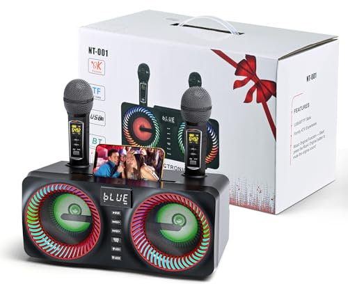 Trsaow Máquina de Karaoke Portátil, Karaoke Profesional con 2 Micrófonos Inalámbricos UHF, Soporte AUX/USB/TF, Altavoz PA con Bluetooth para Fiestas, Reuniones, Bodas, Hogar y Exteriores, Rojo