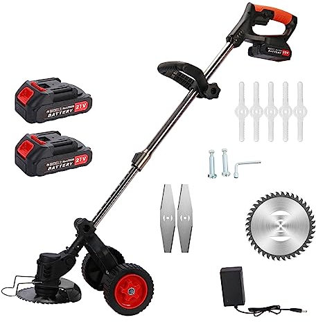 Lawn Mower 3 in 1 Electric Grass Trimmer Rechargeable 21V 2000mAh Batteries D-Shaped Handle Weed Eater with 2 Wheel (Black)