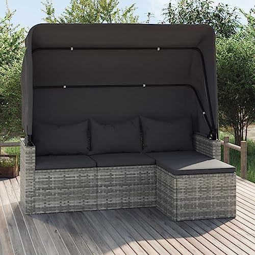 KLYEON 3-Sitzer-Gartensofa mit Dach und Fußhocker Grau Poly Rattan,Stylisches 3SitzerGartensofa mit UVSchutzdach und komfortablem Fußhocker Terrassen Sitzmöbel