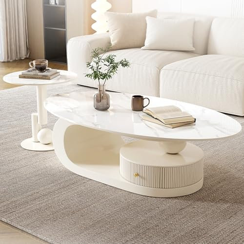 EKDJSN Weißes Satztisch-Set, Halbmondförmiger Couchtisch, 2er-Set, mit Aufbewahrungsschubladen, Zwei Stile Verfügbar, Bodenstehende Stapeltische, for Wohnzimmer, Schlafzimmer, Studio(WhiteA,39in+20in)