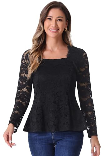 Allegra K Hauts en Dentelle Floral Femme Col Carré Manches Longues Demi-Transparentes Chemisier Élégant Blouse à Volant Noir L