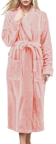 Fleece-Bademantel für Damen, langer Morgenmantel für Damen, Winter-Bademantel mit Taschen und Gürtel, warmer Bademantel, langer Bademantel, bequem, gemütlich, einfarbig, Nachtwäsche, Loungewear, PK1,