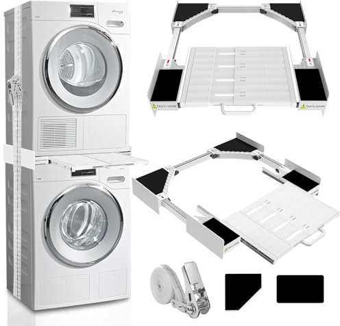 Kiss Core Cadre Intermédiaire pour Laver avec Étagère, Kit D’empilage pour Sèche-Linge, Kit Intermédiaire avec Porte-Serviettes Extensible, Cadre de Connexion Universel pour 53-68 cm Machine à Laver