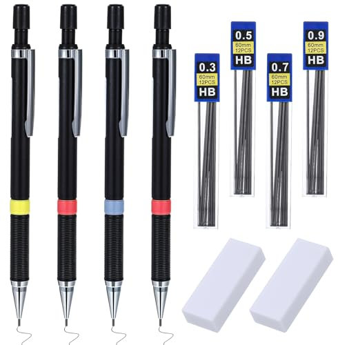 Yuanchu Druckbleistifte Set 0,3 0,5 0,7 0,9 mm, Minenbleistift Mit 2 Radiergummis 48 Pcs Bleistift Minen Hb Austauschbare Nachfüllungen Studenten Schreiben Zeichnen Skizzieren Büro Zubehör