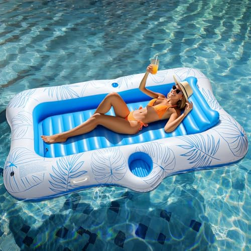HeySplash Inflatable Pool Float Lounge, Large Inflatable Pool Floats Boat for Adults with Cup Holder & Detachable Pillow, Tanning Pool Lounger Float for Outdoor Lake River Summer Water Party,Blue Leaf