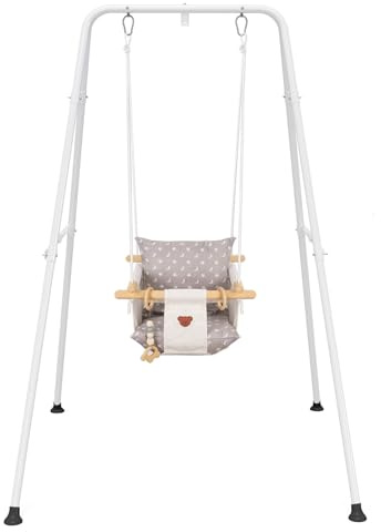 Baby Swing with Stand, Swing Set for Infant, Outdoor Indoor Swing Set with Canvas Cushion Seat (White)