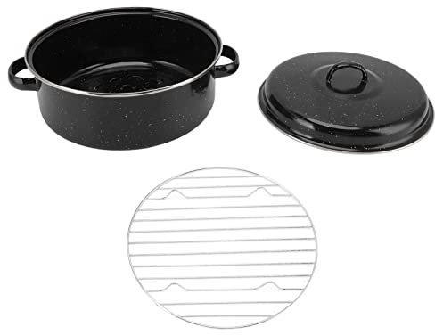 Small Roasting Pan with Lid, Roaster Pan with Lid Non Stick BBQ Black Enamel Speckled Finish with Lid Roasting Pan for Roasted Sweet Potatoes Chestnuts (Iron Cover 26cm)