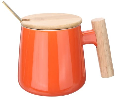 QUARKZMAN 12.85 Oz Taza de Café de Cerámica con Asa de Madera Simple, Taza de Té Grande Hecha A Mano, Juego de Regalo de Taza de Cerámica con Tapa y Cuchara para Oficina Cocina Casa, Naranja