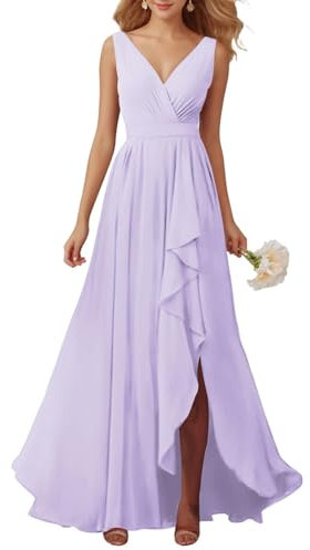 HPPEE Abiti da damigella d'onore da donna per matrimonio lungo scollo a V chiffon increspato volant abito formale con fessura, Lilla, 44
