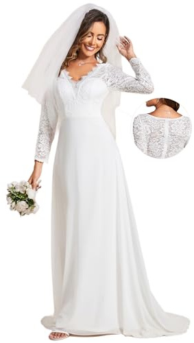 Ever-Pretty Women’s Fall Long Sleeve Lace V Neck Wedding Dress with Train Bridal Gown White US10