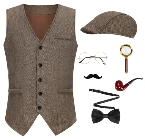 GRAJTCIN Disfraz de detective Sherlock Holmes para hombres adultos, disfraz de Halloween, cosplay, 7 piezas (marrón claro-M)