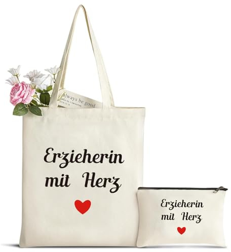 hamatata Erzieherin Geschenk Canvas Tragetasche mit Kosmetiktasche, Abschiedsgeschenk Erzieherin Einkaufstaschen, Danke Geschenk für Kindergarten
