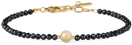 COAI Pulsera Minimalista para Mujer con Cuentas Facetadas de Turmalina Negra y Citrino, Pulsera para Mujer de Turmalina Negra