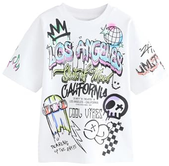 NEXT Niños Camiseta de Manga Corta con Corte Holgado y Estampado gráfico White Graffiti 8 Años