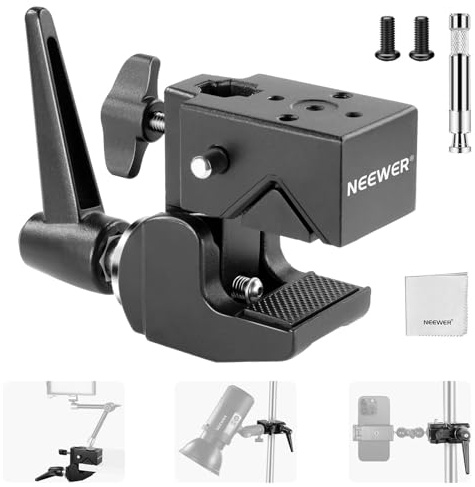 NEEWER Heavy Duty Super Clamp Max Last 33lb/15kg, 2,4 Jaw Grip Crab Clamp Mount für runde Stange Flache Oberfläche mit 5/8 Stud/Spring Lock/Reinigungstuch für Studiofotografie Kameralicht, UA017