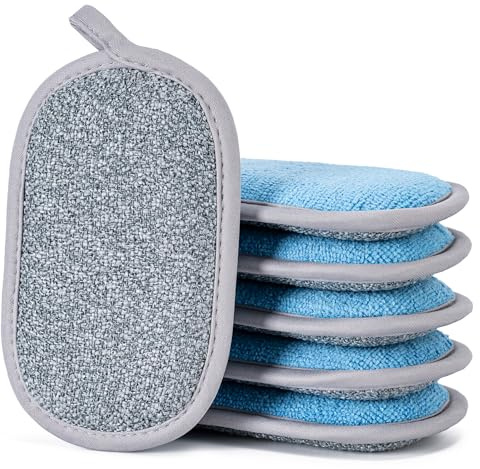Dual-Sided Multi-Purpose Scrub Sponges, Non-Scratch Dishwashing Sponges for Kitchen, Reusable Microfiber Sponge for Efficiently Cleaning Dishes, High Density Sponge Inside (6 Pack, Medium)