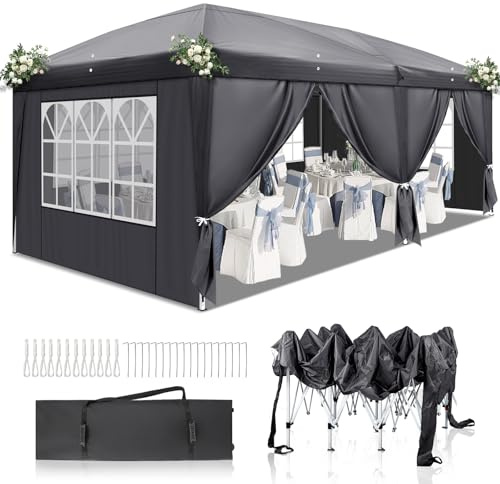 HOBBYZOO Tonnelle Pliante 3x6 m, Imperméable & Résistante,UV 50+ – Tissu Oxford 420D, avec 6 Parois latérales,Réglable en Hauteur,pour Jardin, Camping & Événements, Gris foncé