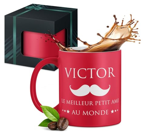 Maverton Tasse en céramique à personnaliser pour homme, 33 cl Mug original | À café/thé avec votre texte gravé pour lui, pour prof, collègue, cadeau d’anniversaire, rouge mat, moustache