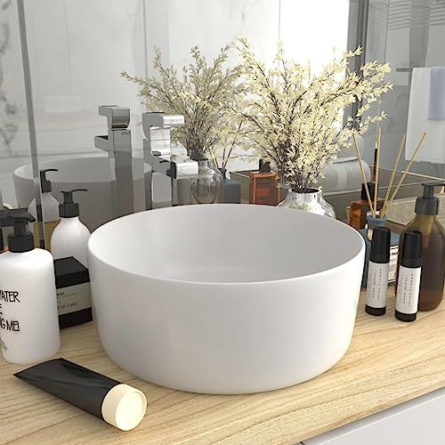Lavabo Redondo sobre Encimera, Cerámica Blanca Mate, Diseño Moderno para Baño, Lavadero o Tocador, Fácil de Limpiar, Orificio Drenaje 4.5 cm, 40x40x15 cm