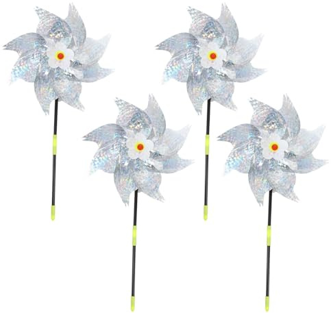 WEKADRIN Molinillos de Viento Reflectantes para Jardín Niños, 4 Piezas Plateados 8 Puntas, Decorativos al Aire Libre para Ahuyentar Pájaros y Juegos Infantiles