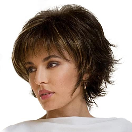 BRRNOO Kort Hår Peruk för Kvinnor Kort Bob Peruk för Damer Kort Skiktad Peruk med Lugg Värmebeständig Syntetisk Fiberblond Blandad Svart Brun Justerbar Mössa för Daglig Användning Fest