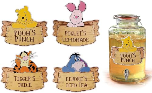 ZWLIYCHN Selbstklebende Flaschenetiketten 4 Stück, Marmeladen Etiketten Selbstklebend Baby Geburtstagsfeier Dekor, Winnie Gefrieretiketten für Getränke Lebensmittel Marmeladengläser Vorratsdosen