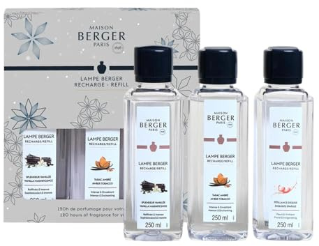 Lampe Berger - TrioPack Collezione Rosalie - Set 3 Flaconi da 250ml - Pètillance - Tabacco e Ambra - Vaniglia Splendente - in Elegante Confezione Regalo