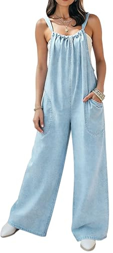 POTILI Denim Overalls for Women Jean Jumpsuit Wide Leg Adjustable Tie-Back Straps Loose Fit Baggy Jumpers Rompers Overol Para Mujer Jump Suits Light Blue Size 12 14 Large