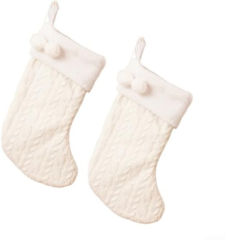 2 Stück Weihnachtsstrümpfe mit festlichem Strickdesign für Ferienhausdekoration aus warmem Wollmaterial zum Aufhängen am Kamin und saisonalen Gebrauch (weiß)
