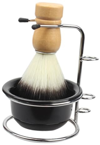 Kit de Afeitado Brocha y Cuenco, Soporte de Acero Inoxidable | 1 Juego, Cerdas de Nylon y Mango Plástico, Color Negro, Forma Ergonómica, Obsequio de Cumpleaños o Fiesta