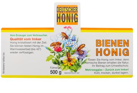 Etiketten Deutscher Honig mit Blumenwiese 500gr (100x) und Gewährverschluss für Honiggläser Imkerei Bienen