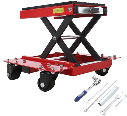 Cric de Levage Moto Robuste 544 kg – Plateforme en Caoutchouc Anti-Dérapante – Chariot Ciseaux à roulettes & Broche de Sécurité – Idéal pour Réparations