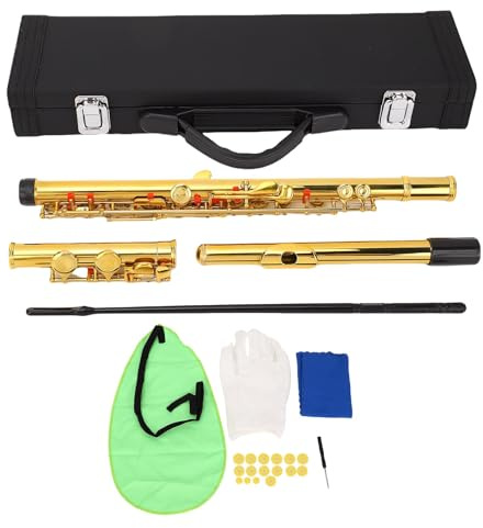AOWINHIT 16 Keys C Flute Professional Closed Hole Cupronickel Flute Instrument with Split E Key Ergonomic Design for Beginner Student Adult Orchestra Performance Gold