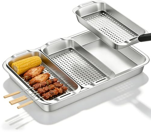 5 stycken grillkorgset, grillskålar i rostfritt stål, grillskålar i rostfritt stål, grillpannor för gasgrill med oljedimma, grilltillbehör med hål för grönsaker, kött, skrifter, ost och bröd
