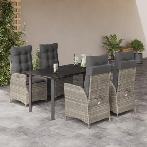 LoogCape 5-TLG. Garten-Essgruppe Hellgrau, verstellbare Rattan-Sessel mit Kissen, Gartentisch aus Glas, UV-beständig, für Terrasse, Balkon, Essbereich, inkl. 4 Stühle