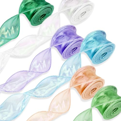 JAXICREY 54m Organzaband Schleifenband, 40mm Chiffonband Geschenkband Set Tüllband Glitzerband Bänder zum Basteln Chiffon Band für Kostüm Qualle Hut Geschenkverpackungen Hochzeit Blumenstrauß
