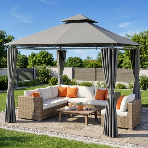 LEADZM Pavillon 3x3m, Stabiler Eisenrahmen, Wasserdicht Winddicht UV-Schutz, Gartenpavillon Outdoor Gazebo, mit 4 Seitenwänden,Partyzelt für Garten Hof Party und Freizeit (Grau, 3x3 m-Doppeldach)
