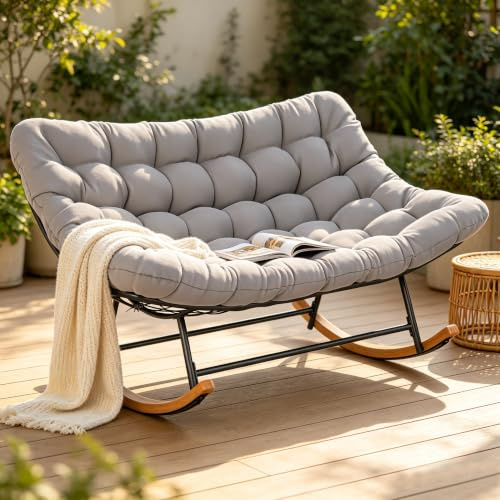 GIANTEX Silla Mecedora para 2 Personas con Cojín Grueso (Gris) | Sillón Relax Ergonómico, Silla XXL para Interior y Exterior, Butaca para Salón, Balcón, Patio, Terraza, 150 x 110,5 x 81 cm