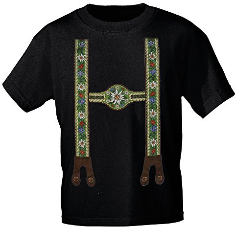 T-Shirt mit Print - Lederhose Hosenträger Blumen Edelweiß - 10640 Gr. S-3XL Farbe schwarz, Größe S
