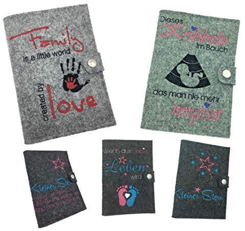Bestickte Mutterpasshülle aus Filz Mutterpass Hülle, Mutterpasshuelle, aus Filz, Schwangerschaft Baby Zusatzfach für Ultraschallbilder | Geburt | pink türkis rosa rot schwarz blau | zur Auswahl