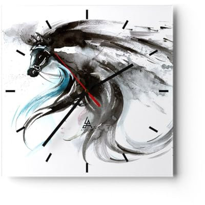 Modern Wanduhr Pferd Streifen Hengst Laufen 40x40cm Quadrat Groß Wand Uhr Glas Analog Zimmeruhren Küche Büro Wohnzimmer Glasuhr Wall Clock Dekoration Design Wanddekoration Küchenuhr C3AC40x40-3018